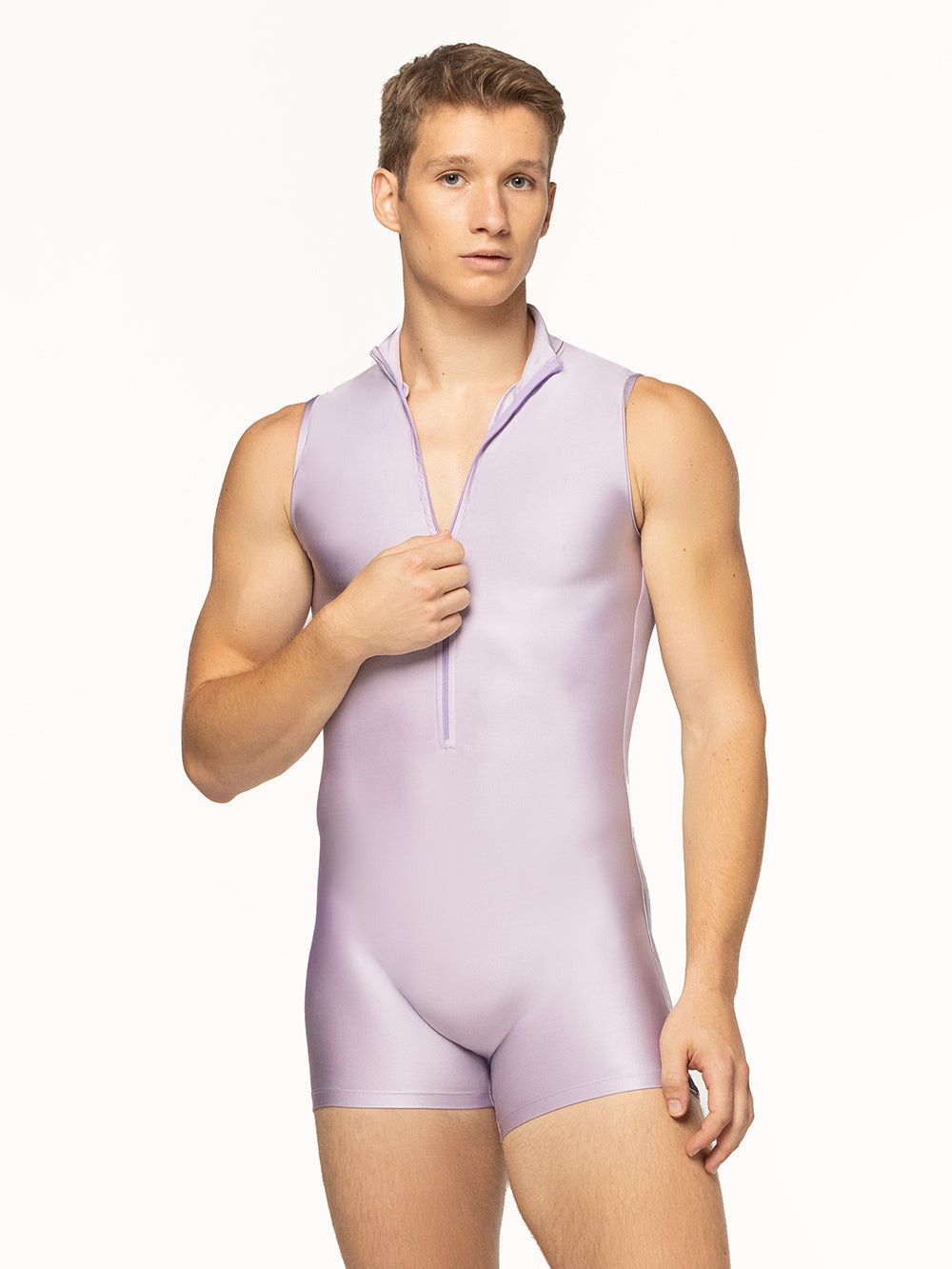 Eleve Dancewear Geoff Biketard Kids in Iced Lilac color, front view.