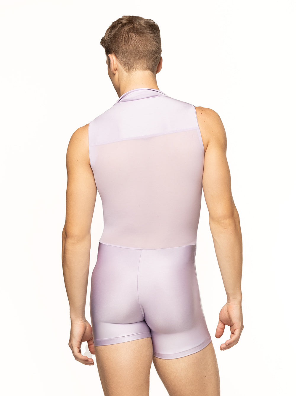 Eleve Dancewear Geoff Biketard in Iced Lilac color, back view.