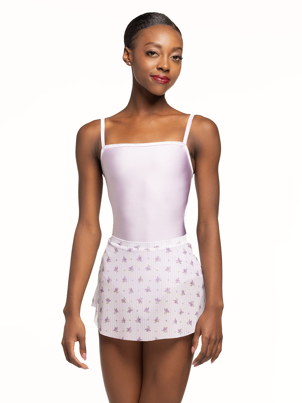 Eleve Dancewear Tulip Skirt in Love Poem print, front view of dancer posing.