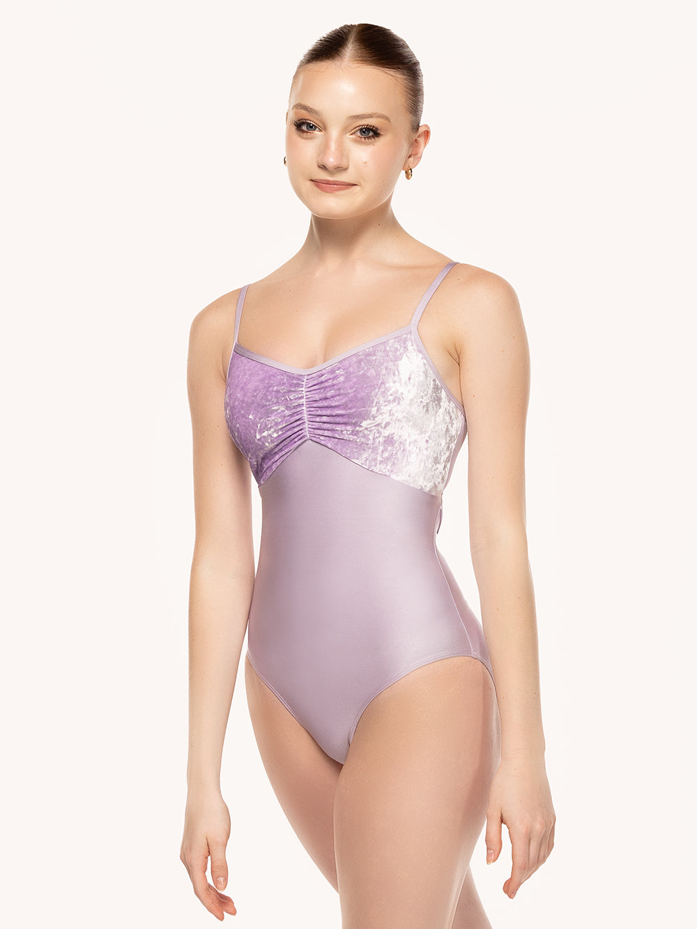 Eleve Dancewear Mackenzie Leotard in Iced Lilac color print, front view.