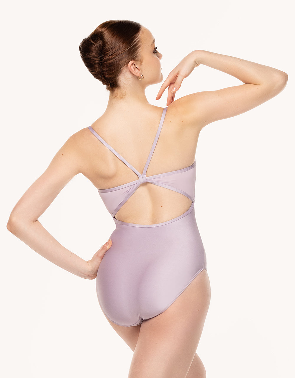 Eleve Dancewear Mackenzie Leotard in Iced Lilac color print, back view.