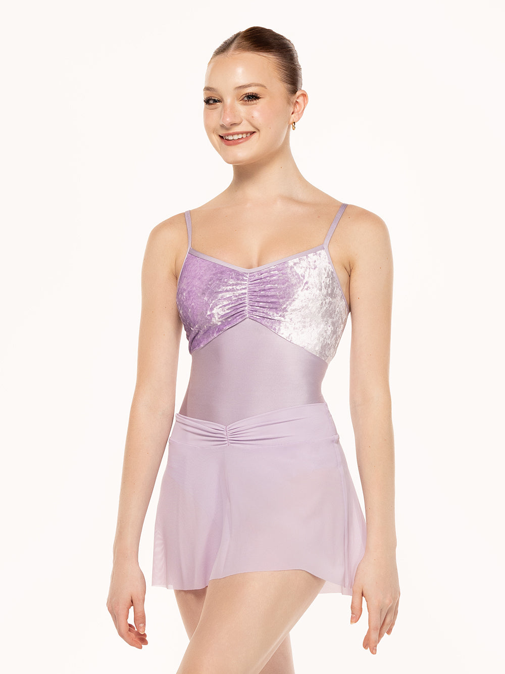 Eleve Dancewear Amora Skirt Kids in Iced Lilac print color, front view of dancer posing.
