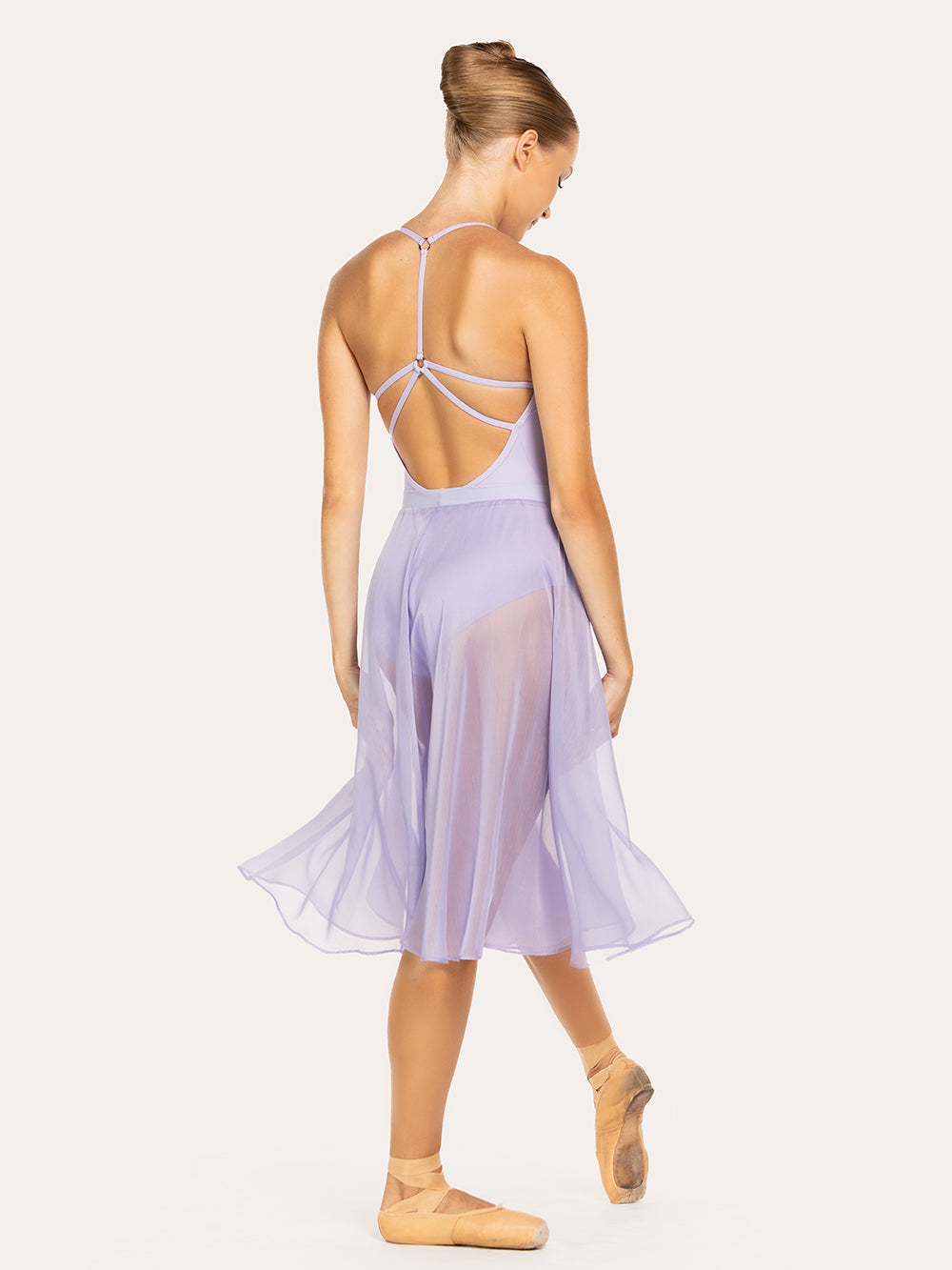 Eleve Dancewear Chiffon Rehearsal Skirt in Lavender color, full body back view.