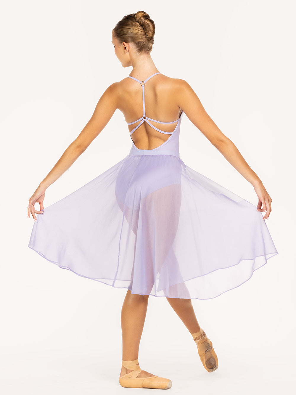 Eleve Dancewear Chiffon Rehearsal Skirt Kids in Lavender color, full body back view.