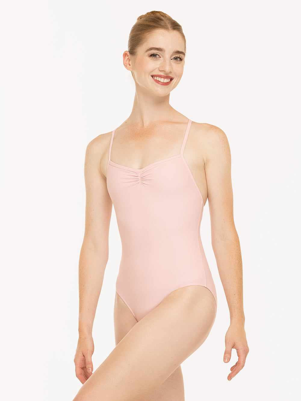 Eleve Dancewear Sonia Leotard in Light Pink color, front view of model posing