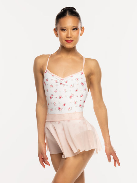 Eleve Dancewear Hipster Skirt in Powder Pink Mesh print color, front view of dancer posing showing front detail.