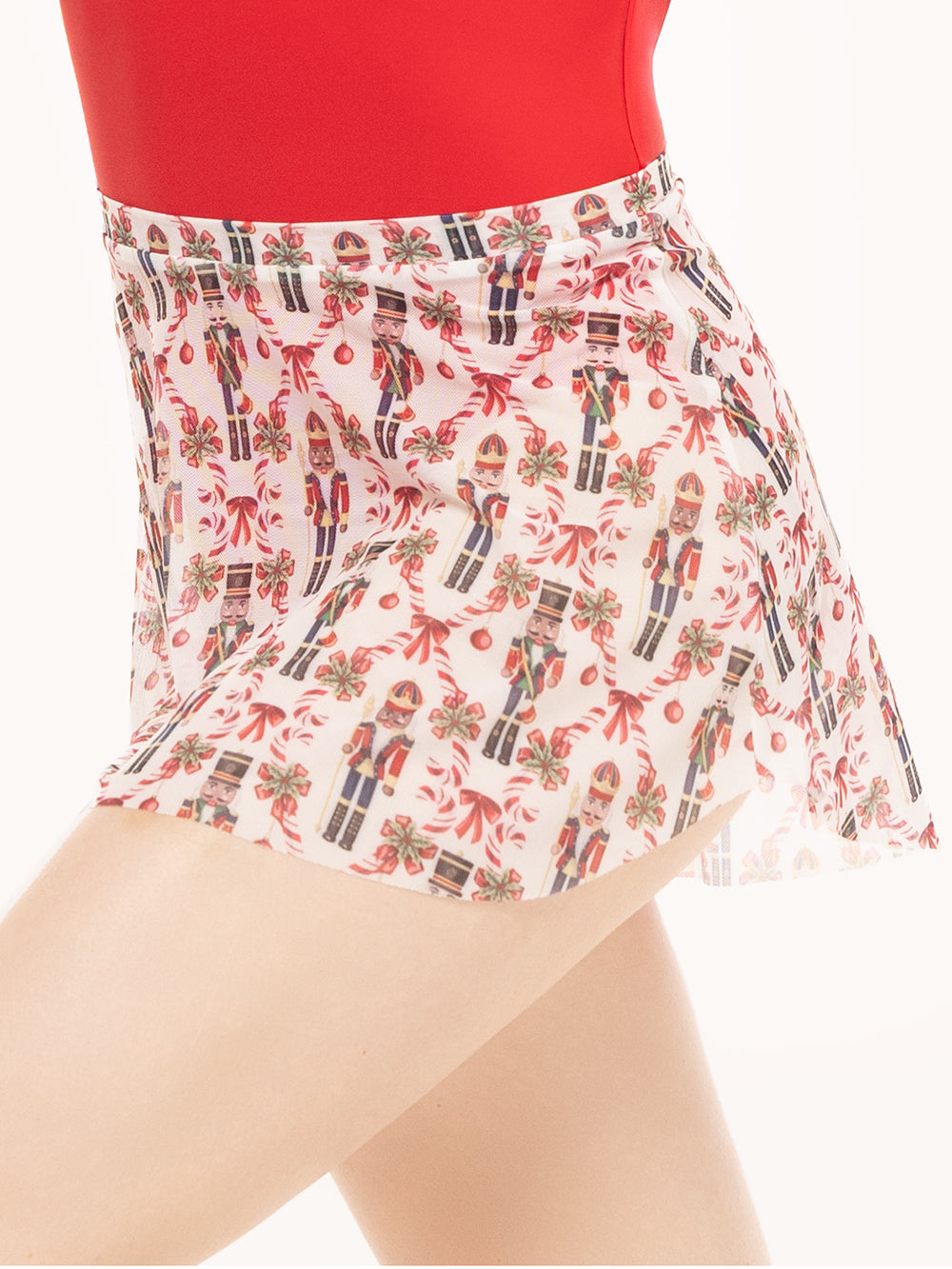 Eleve Dancewear Tulip Skirt in Candy Cane Court print, close view of the skirt.