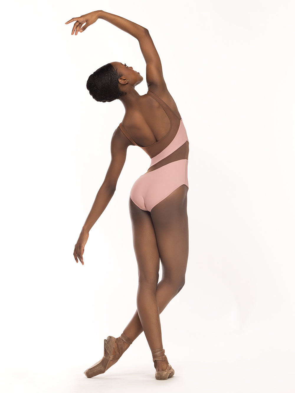 Eleve Dancewear Lunata Leotard Kids in Rose Mocha Mesh print color, back view of dancer posing.