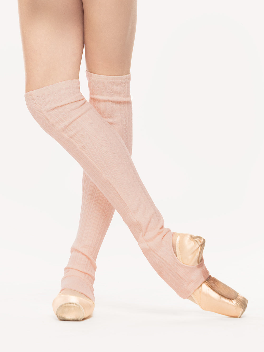 Eleve Dancewear Stirrup Leg Warmers Above Knee Knit in Rosewater color, front legs view