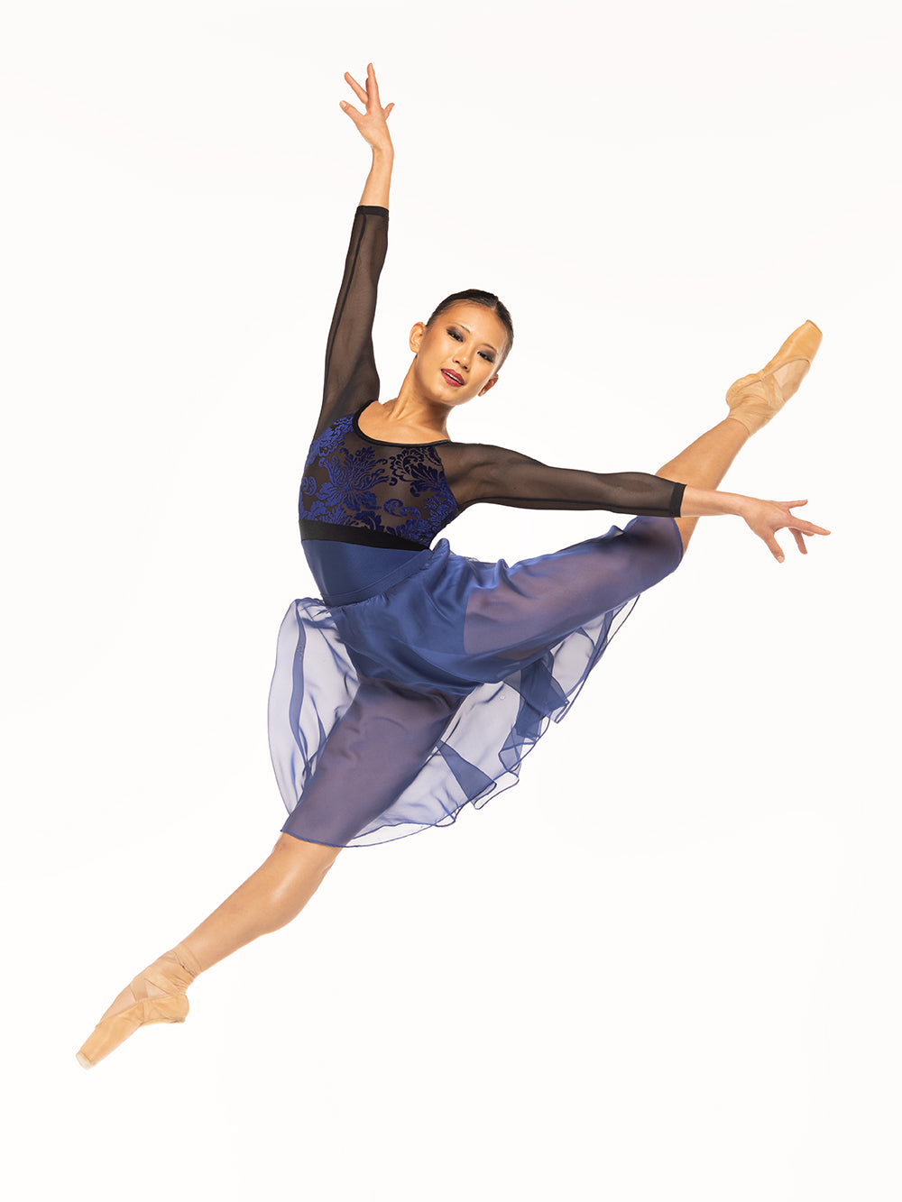 Eleve Dancewear Ella Leotard Kids in Baroque Sapphire color print, front view of dancer posing on sissonne sauté.