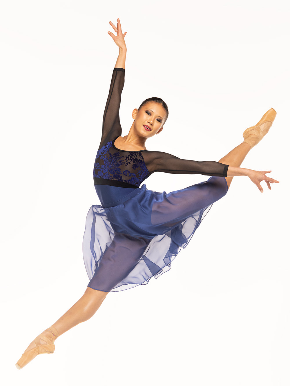 Eleve Dancewear Ella Leotard Kids in Baroque Sapphire color print, front view of dancer posing on sissonne sauté.