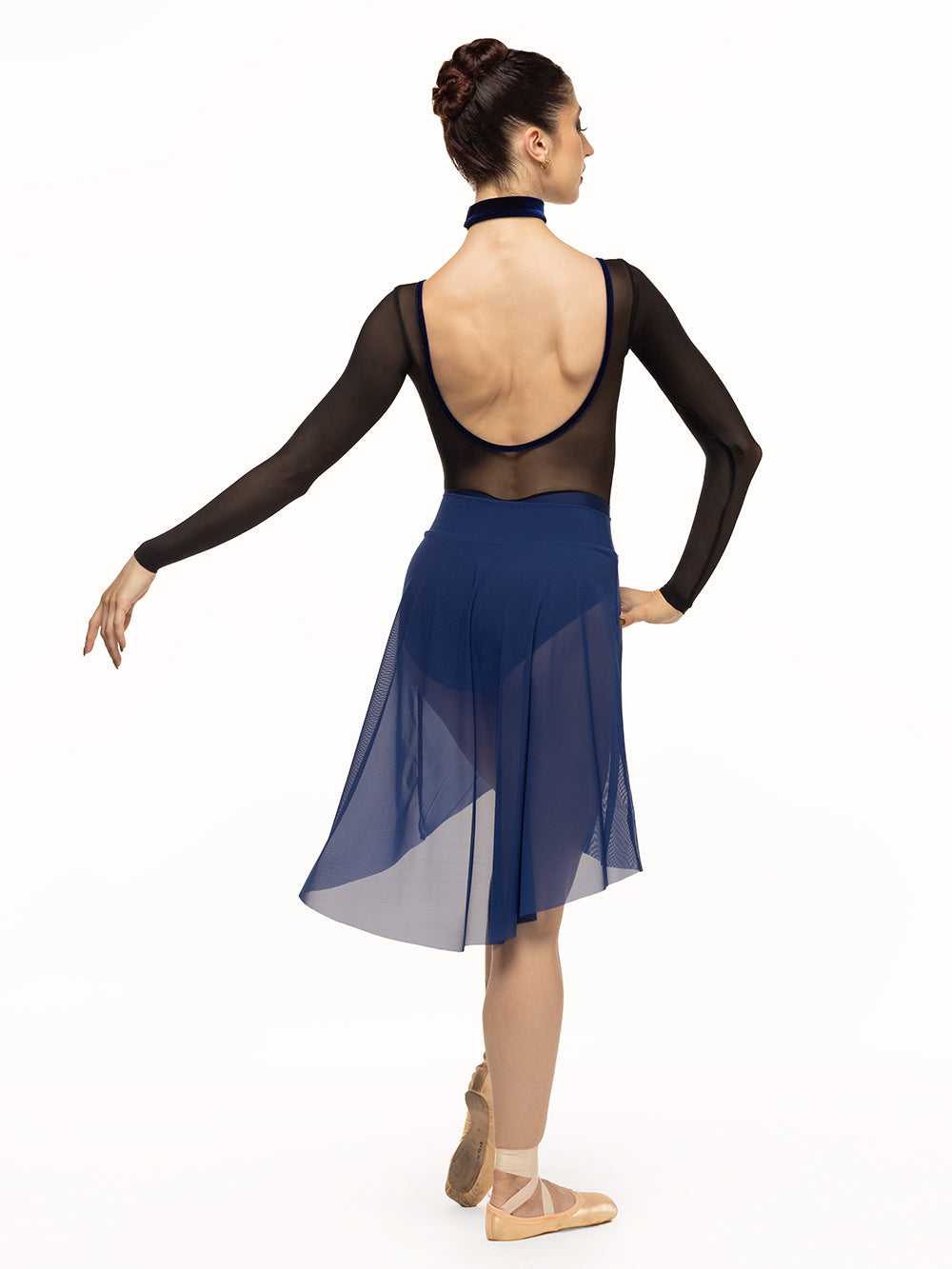 Eleve Dancewear Amora Long High-Low Skirt in Sapphire Mesh color, back view.