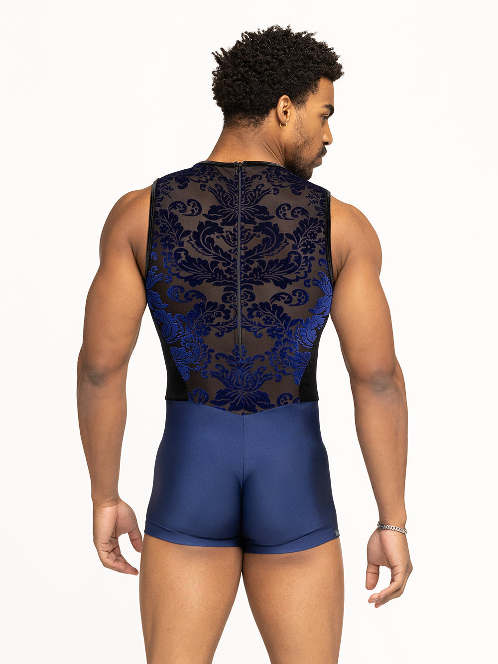 Eleve Dancewear Stephen Biketard in Baroque Sapphire color, back view.