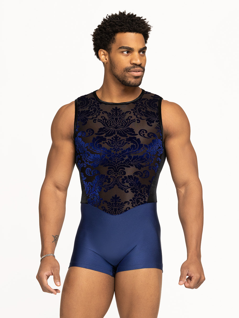 Eleve Dancewear Stephen Biketard in Baroque Sapphire color, front view.
