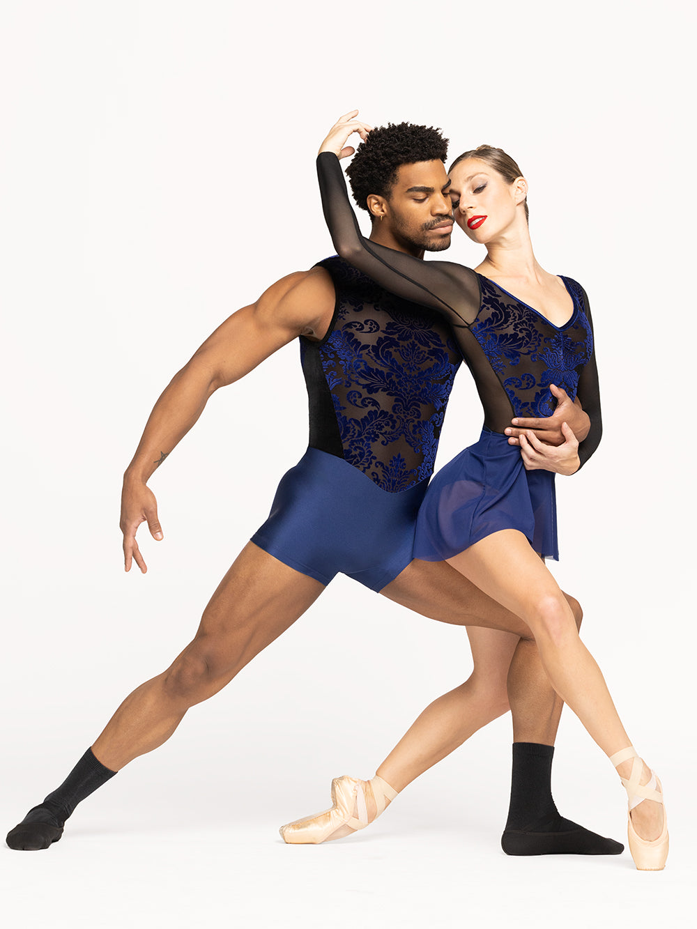 Eleve Dancewear Skylar Leotard Kids in Baroque Sapphire color print, front view of two dancers posing.