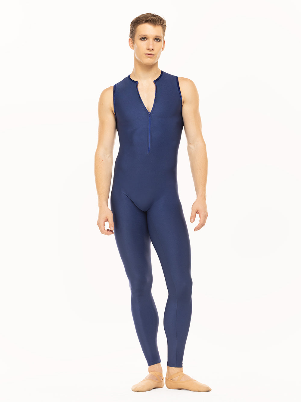 Eleve Dancewear Nathan Unitard in Sapphire color, front view.