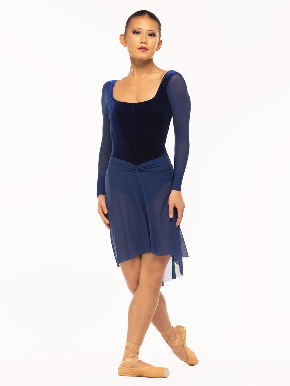 Eleve Dancewear Amora Long High-Low Skirt Kids in Sapphire Mesh color, front view.