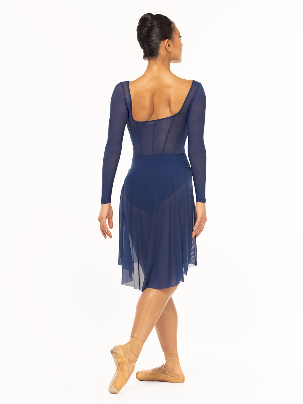 Eleve Dancewear Diana Leotard in Sapphire Velvet color, back view of dancer posing.