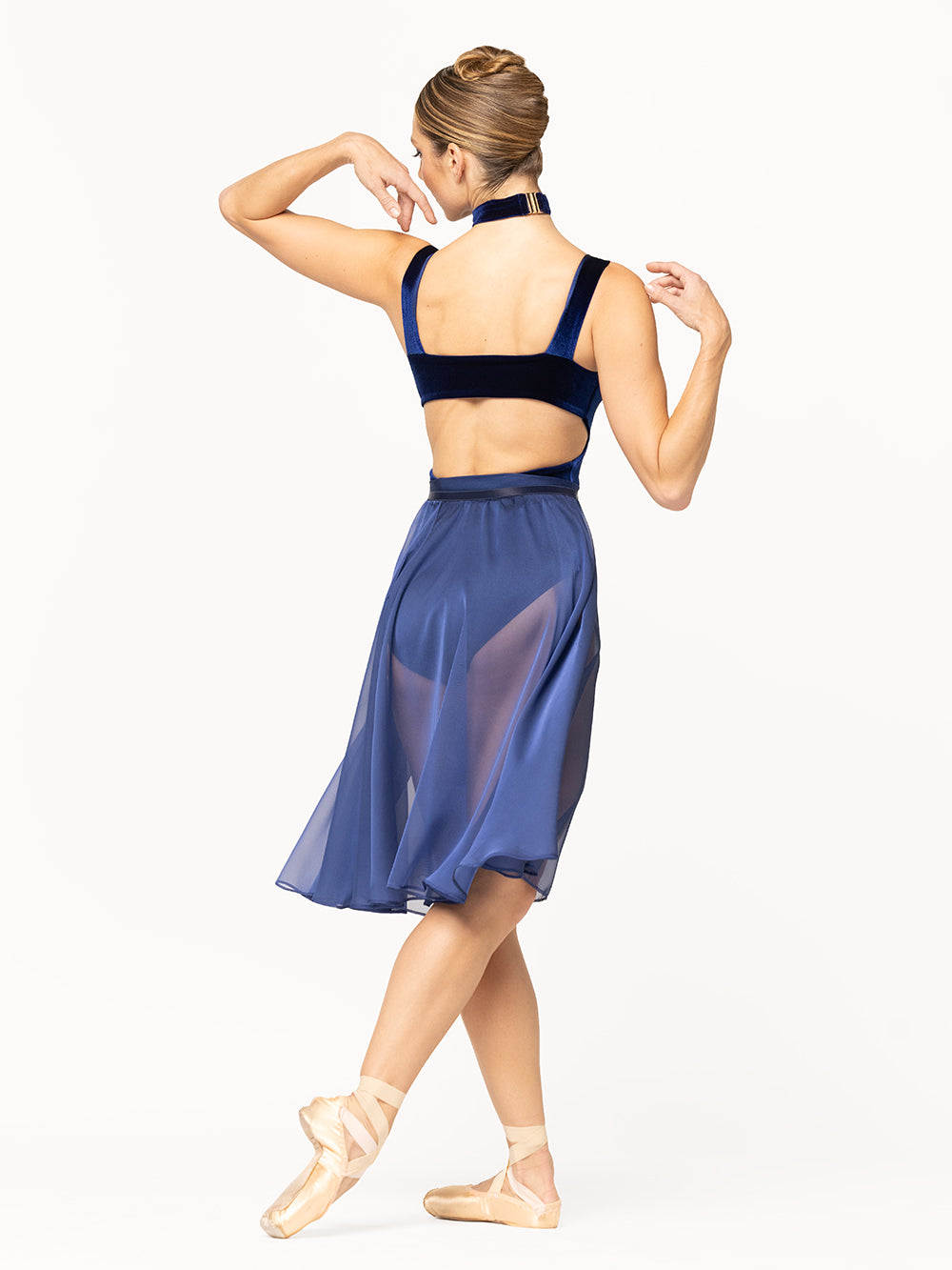 Eleve Dancewear Rehearsal Skirt Kids Sapphire Chiffon color, full body back view.