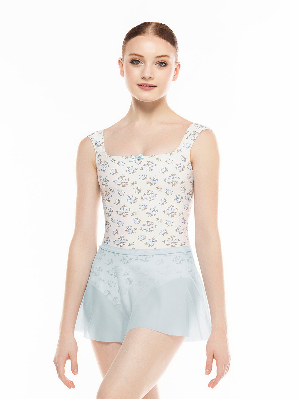Eleve Dancewear Flare Skirt Kids in Frost Mesh print color, front torso view