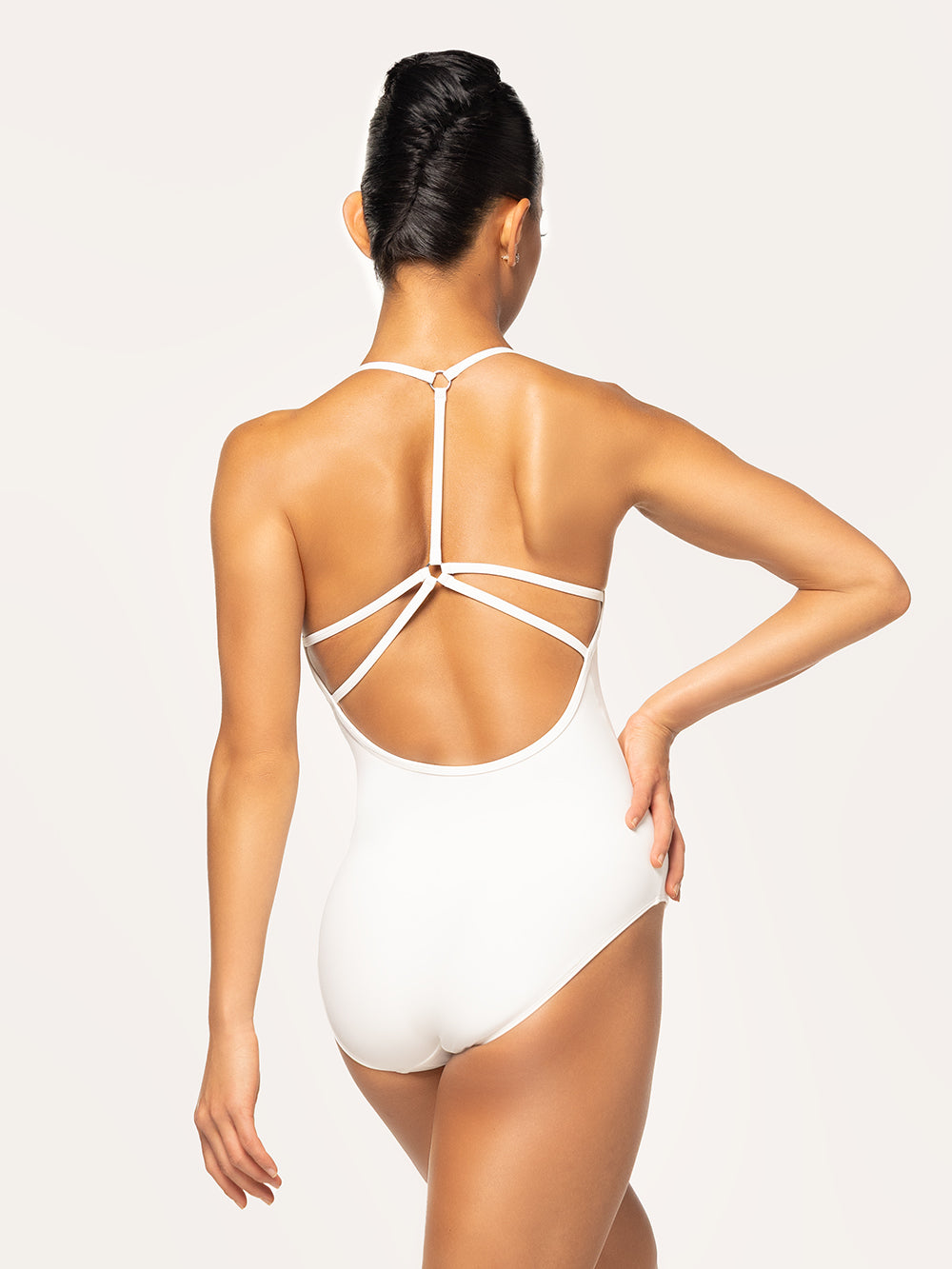 Eleve Dancewear Iris Leotard Stage in White color, back view.