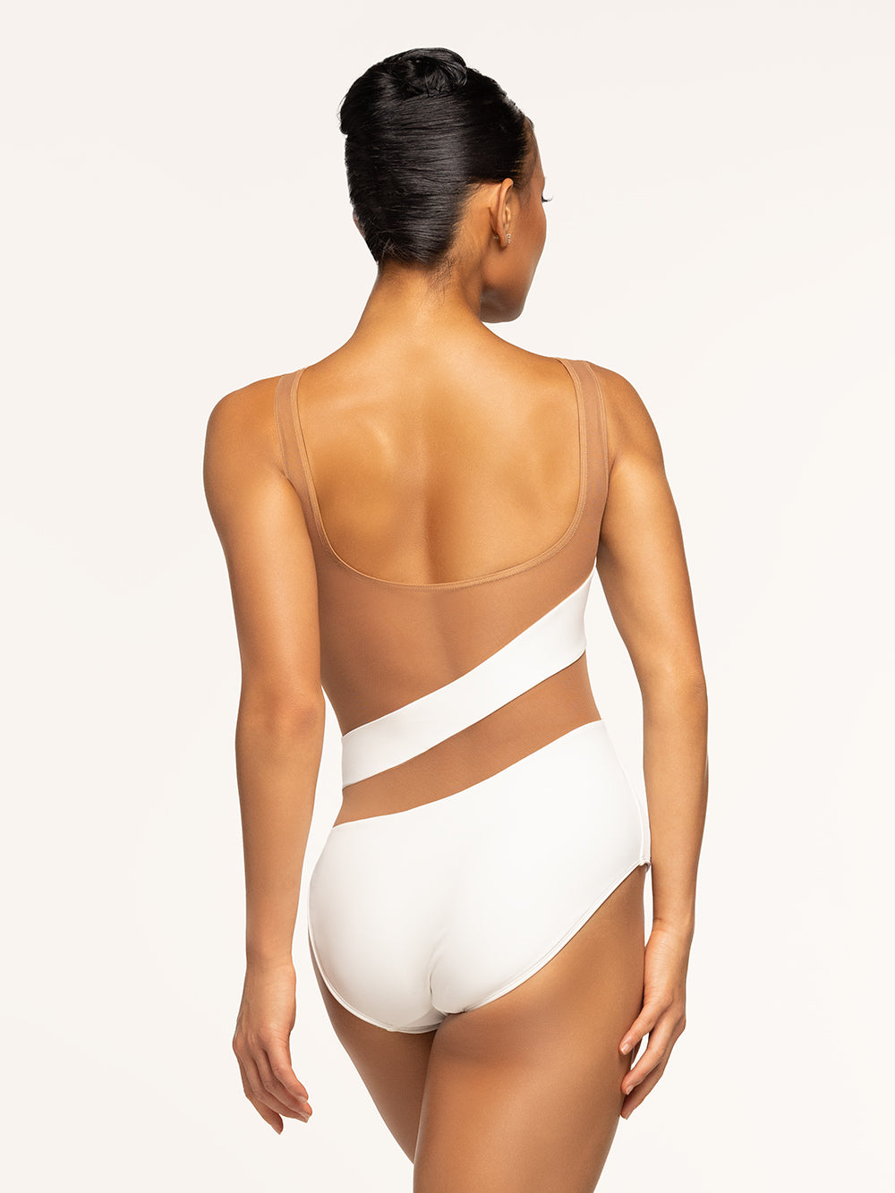 Eleve Dancewear Lunata Leotard in Stage White Latte color with back view of model posing.