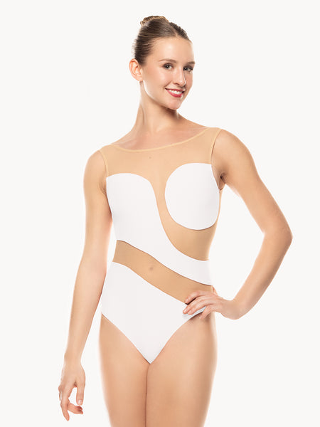 Eleve Dancewear Lunata Leotard in Stage White Tan Mesh color with front view of model posing.