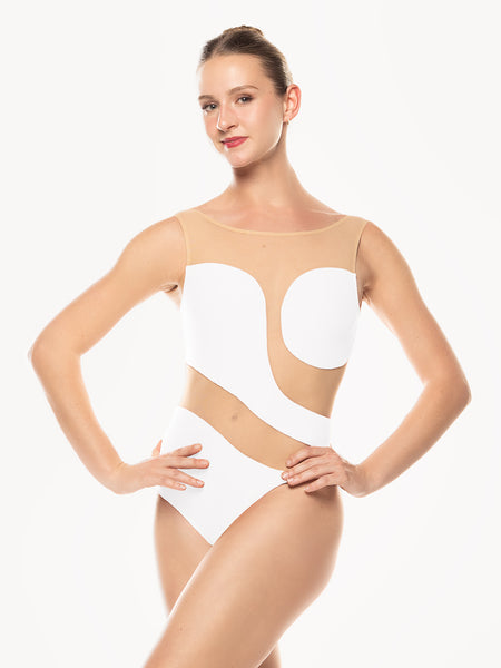 Eleve Dancewear White Tan Mesh Lunata Leotard Stage Kids front liner view.