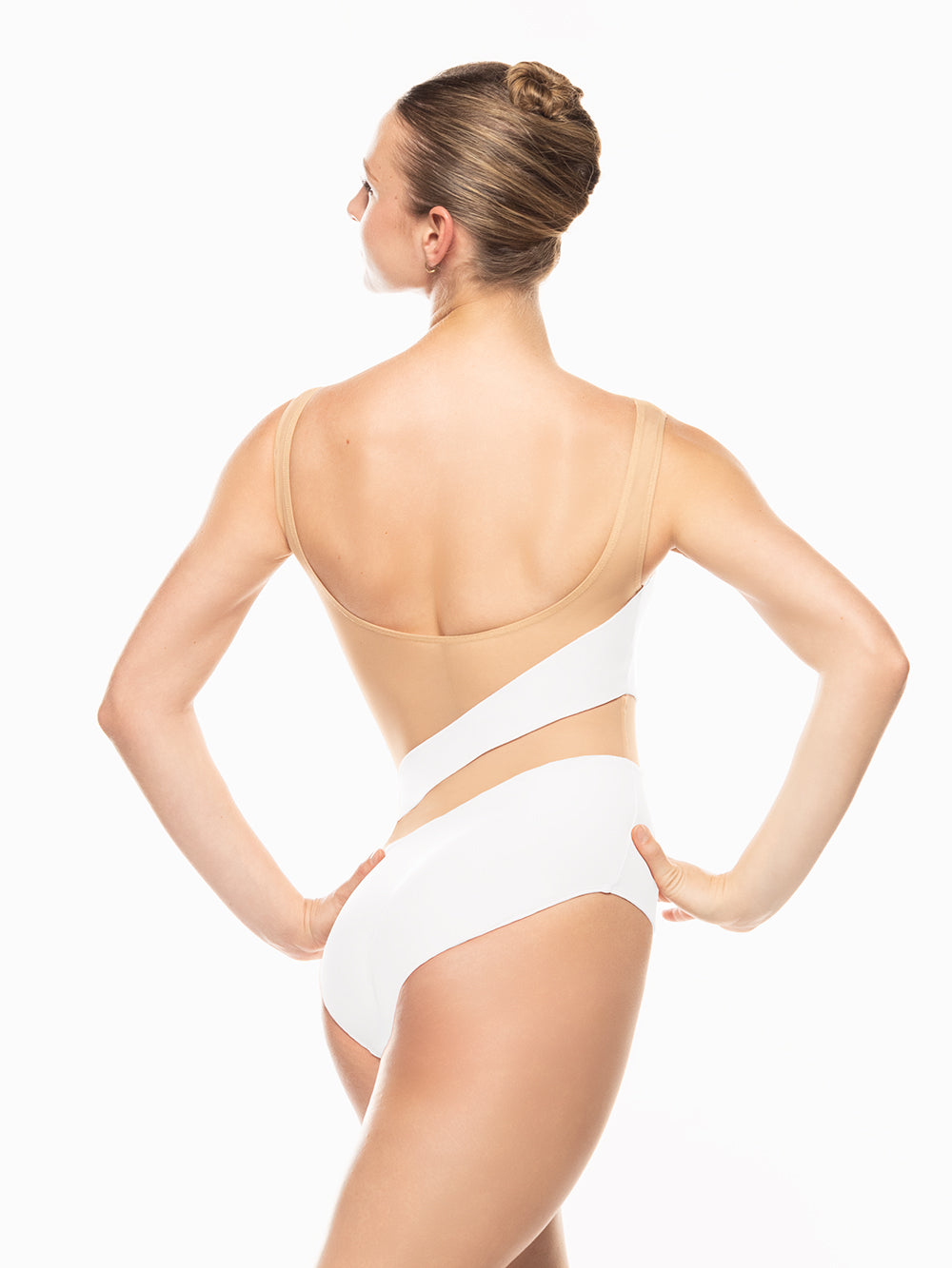 Eleve Dancewear Lunata Leotard in Stage White Tan Mesh color with back view of model posing.