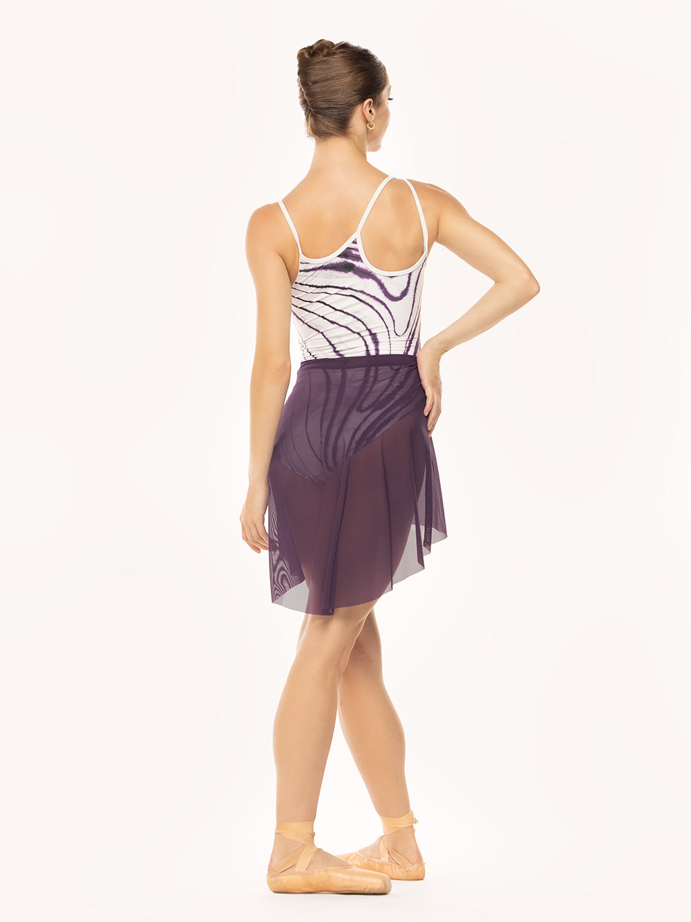 Eleve Dancewear Mid High-Low Skirt in Eggplant Mesh color, full body back view.