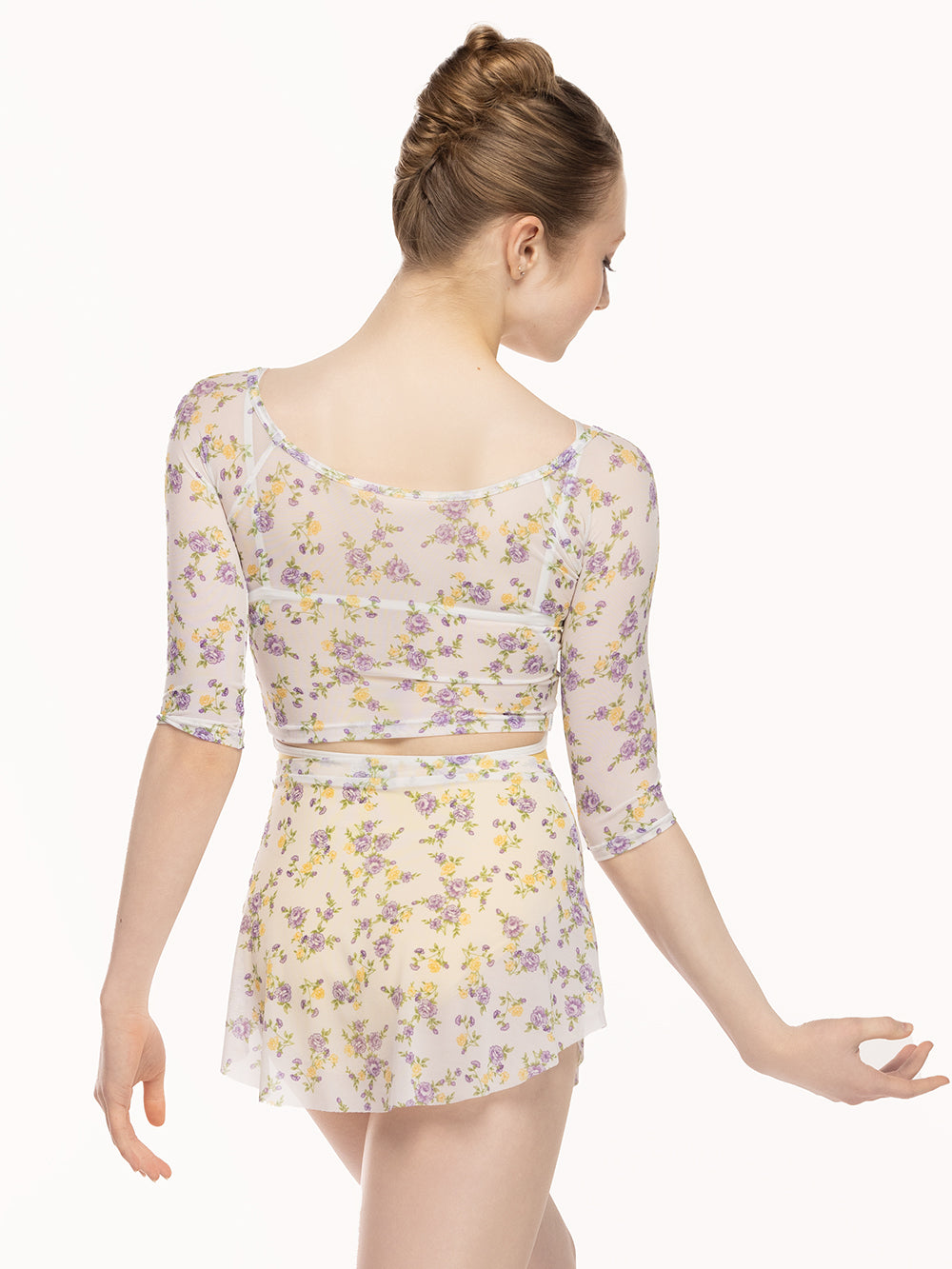 Eleve Dancewear Raglan Crop Top Kids in Violetta print, back view.