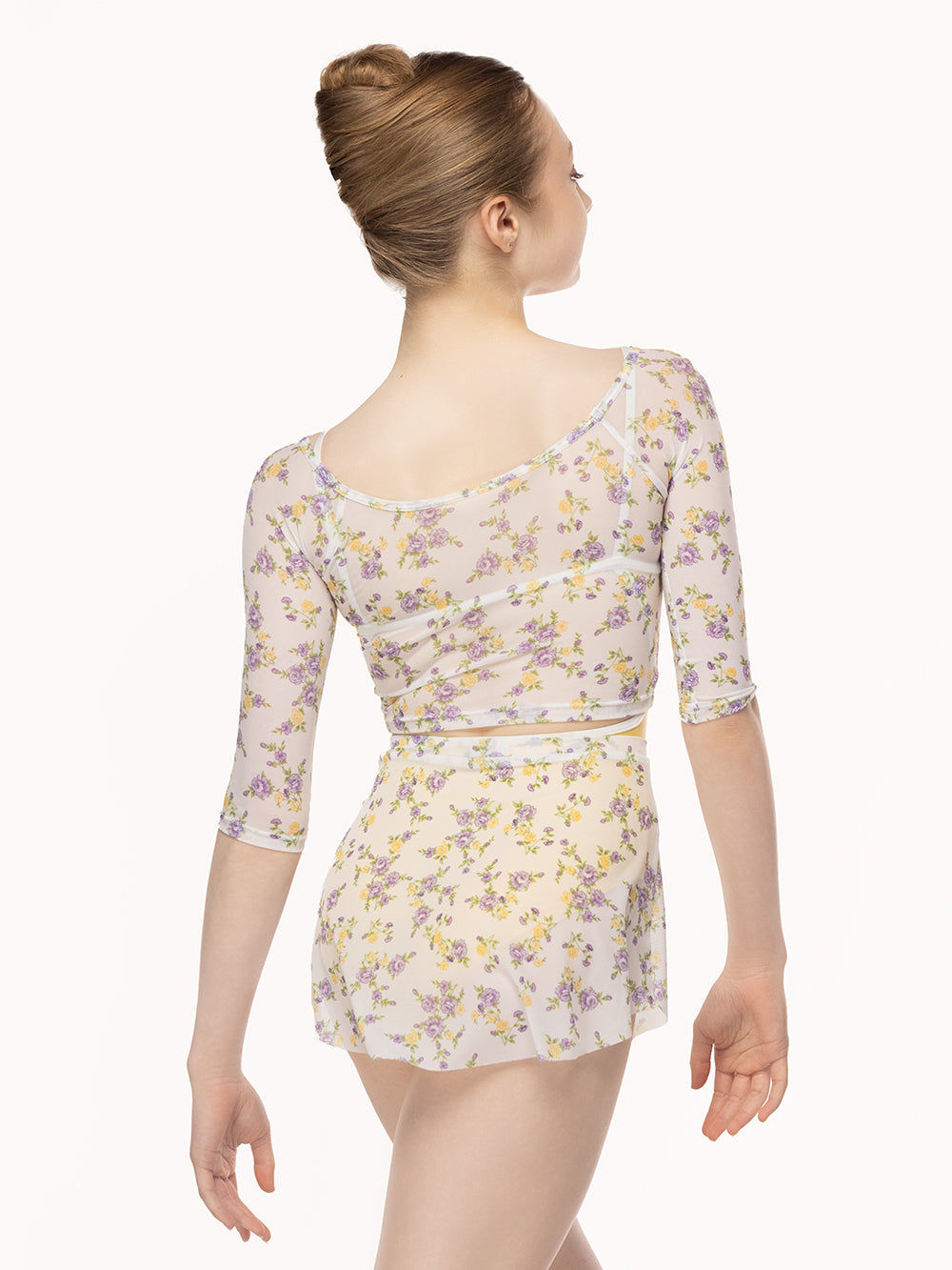 Eleve Dancewear Raglan Crop Top in Violetta print, back view.