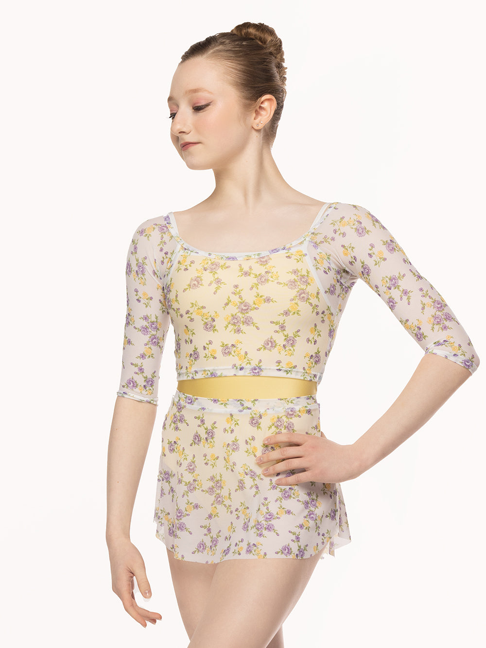 Eleve Dancewear Raglan Crop Top in Violetta print, front view.