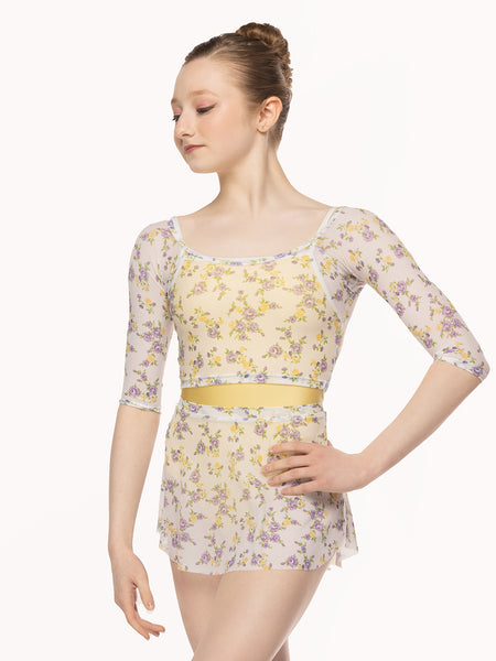 Eleve Dancewear Raglan Crop Top in Violetta print, front view.