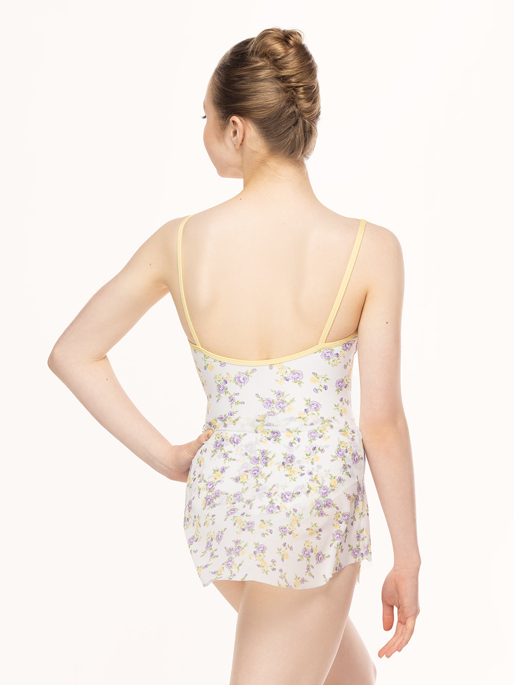 Eleve Dancewear Tulip Skirt in Violetta print, back torso view.