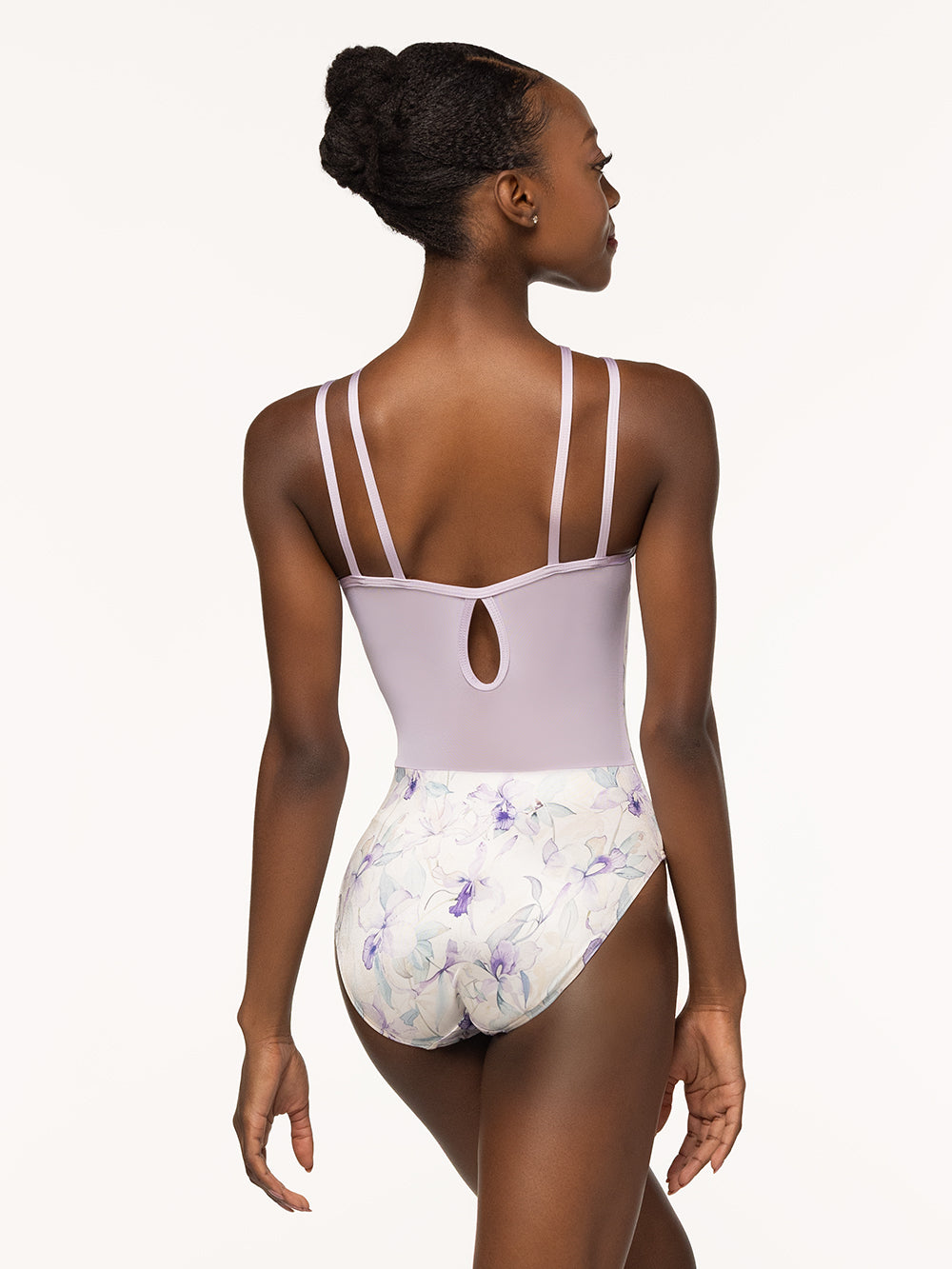 Eleve Dancewear Noelle Leotard Kids in Wild Orchid print, back view.