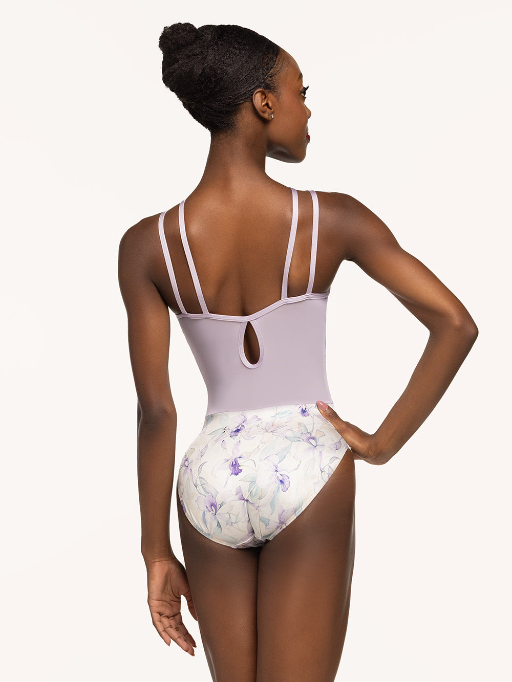 Eleve Dancewear Noelle Leotard in Wild Orchid print, back view.