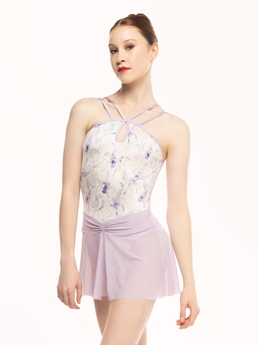 Eleve Dancewear Noelle Leotard in Wild Orchid print, front torso view.