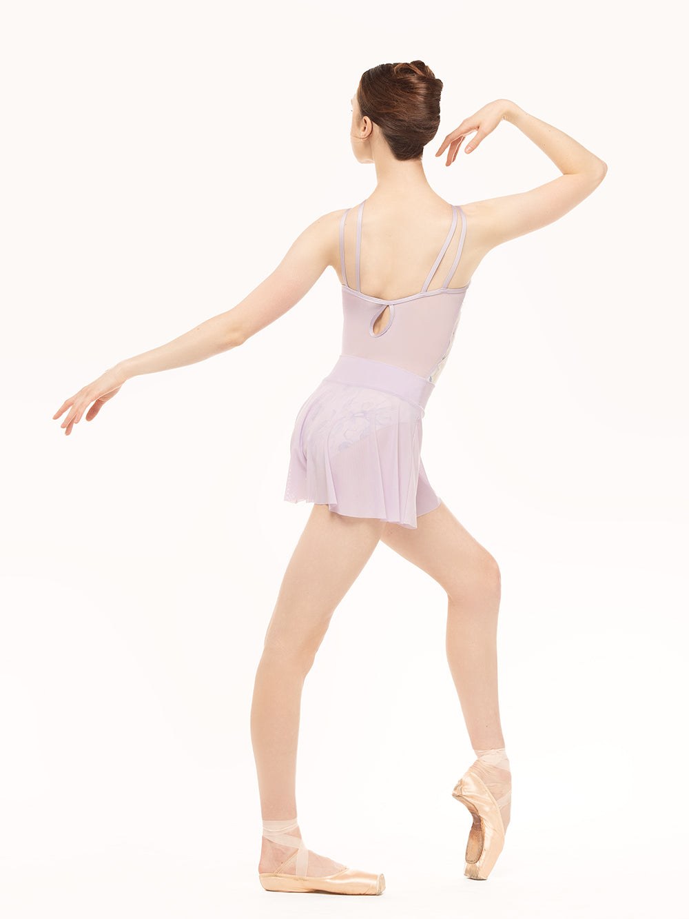 Eleve Dancewear Amora Skirt in Iced Lilac print color, back view of dancer showing back details.