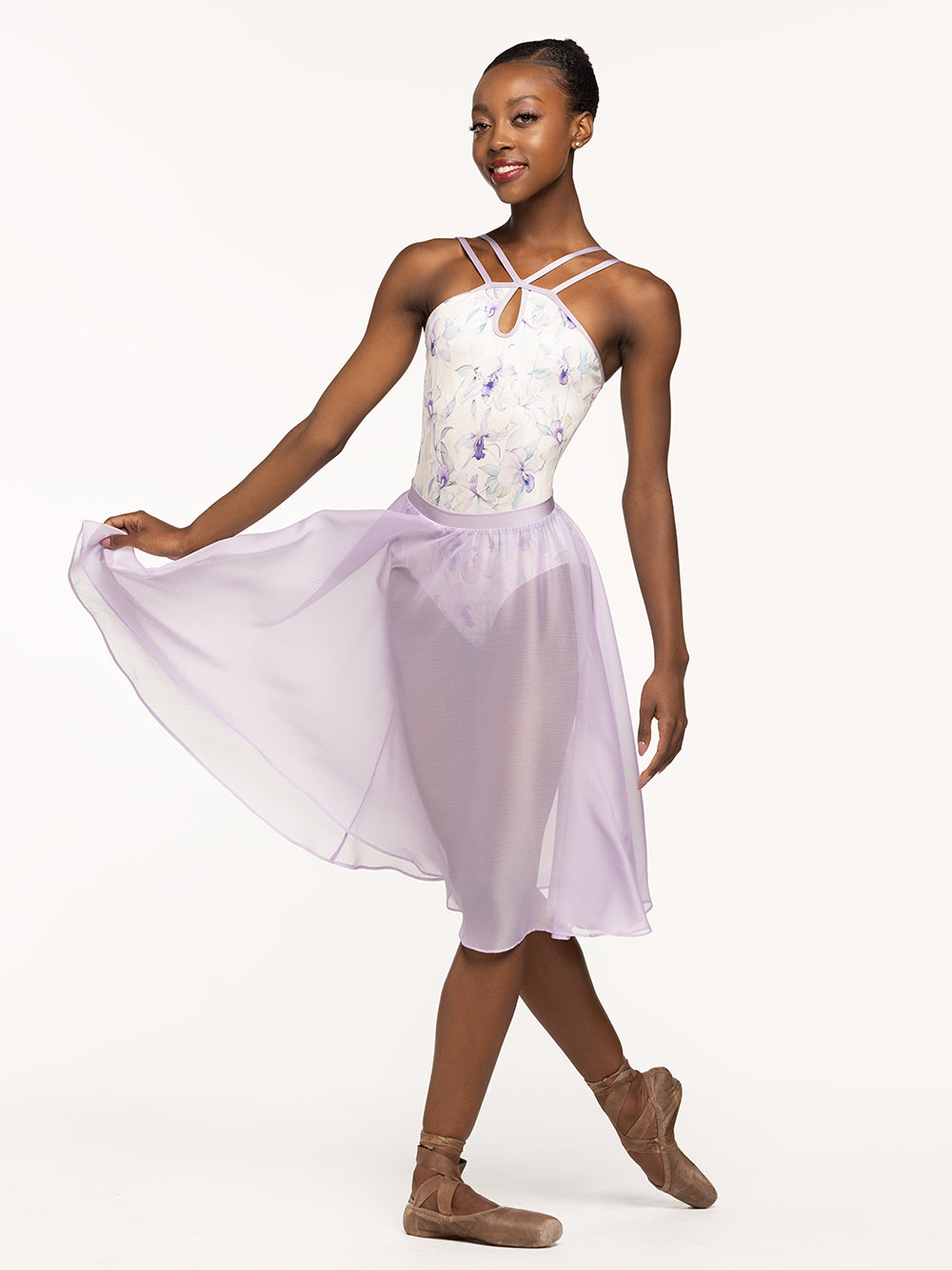 Eleve Dancewear Chiffon Rehearsal Skirt Kids in Iced Lilac color, front view.