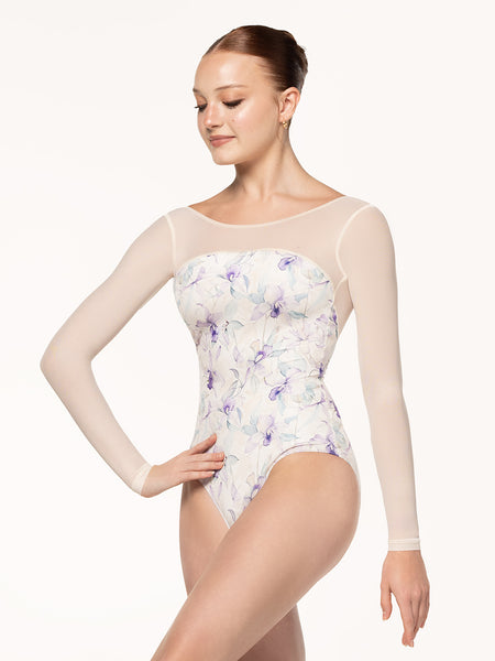 Eleve Dancewear Victoria Leotard Kids in Wild Orchid print, front view.