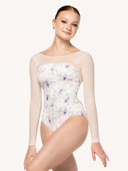 Eleve Dancewear Victoria Leotard in Wild Orchid print, front view.
