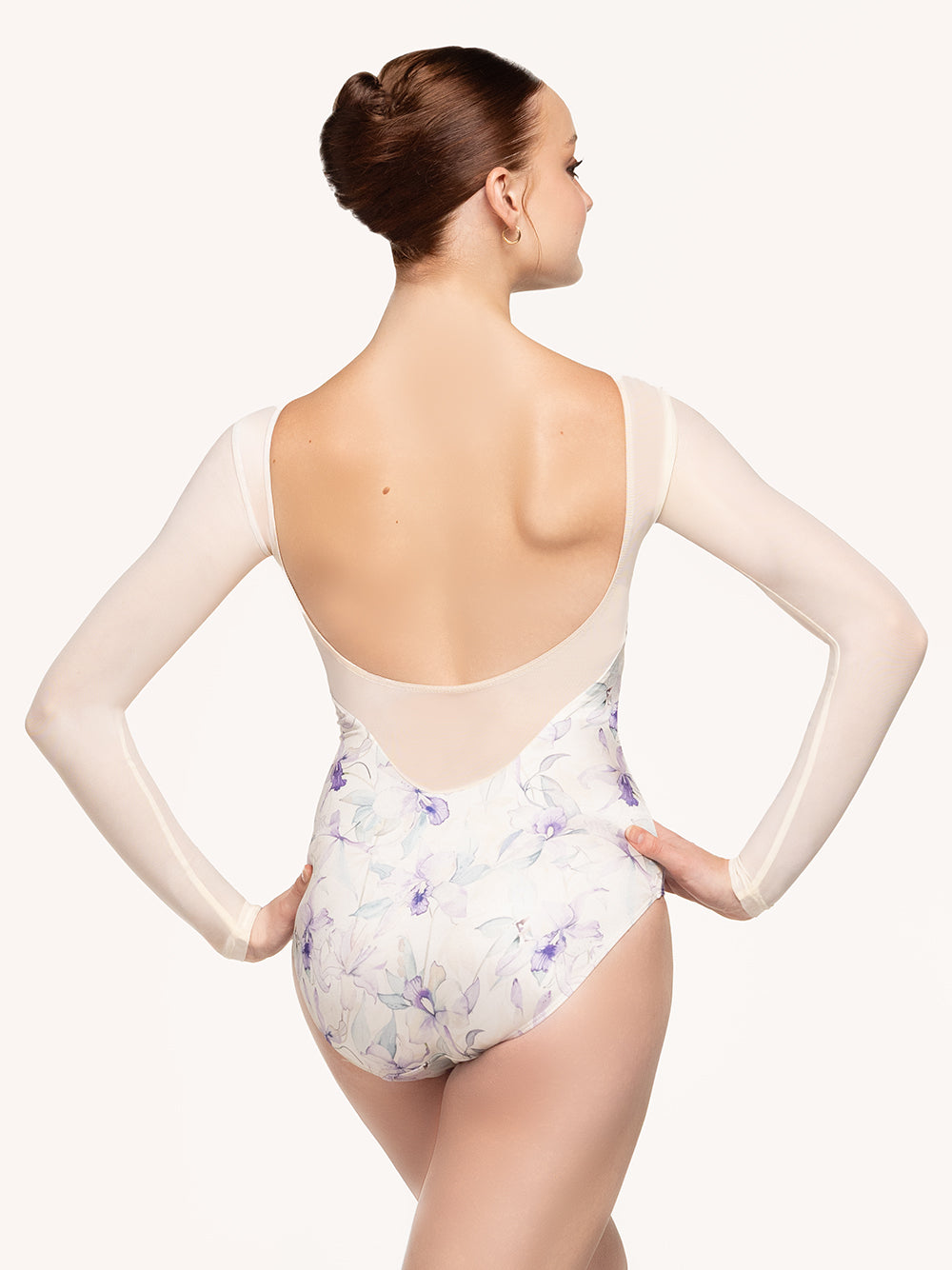 Eleve Dancewear Victoria Leotard Kids in Wild Orchid print, back view.