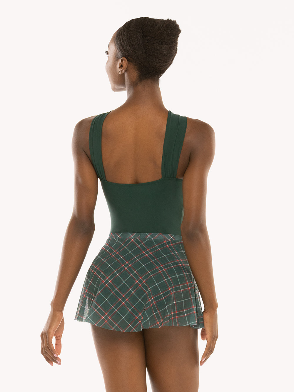 Eleve Dancewear Debra Leotard in Alpine color and Flare Skirt in Green Plaid print, detail back view