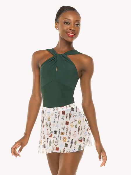 Eleve Dancewear Debra Leotard in Alpine color and Winni Skirt in Nutcracker Fantasy print, front detail view