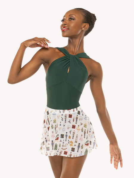 Eleve Dancewear Debra Leotard in Alpine color and Winni Skirt Kids in Nutcracker Fantasy print, front detail view