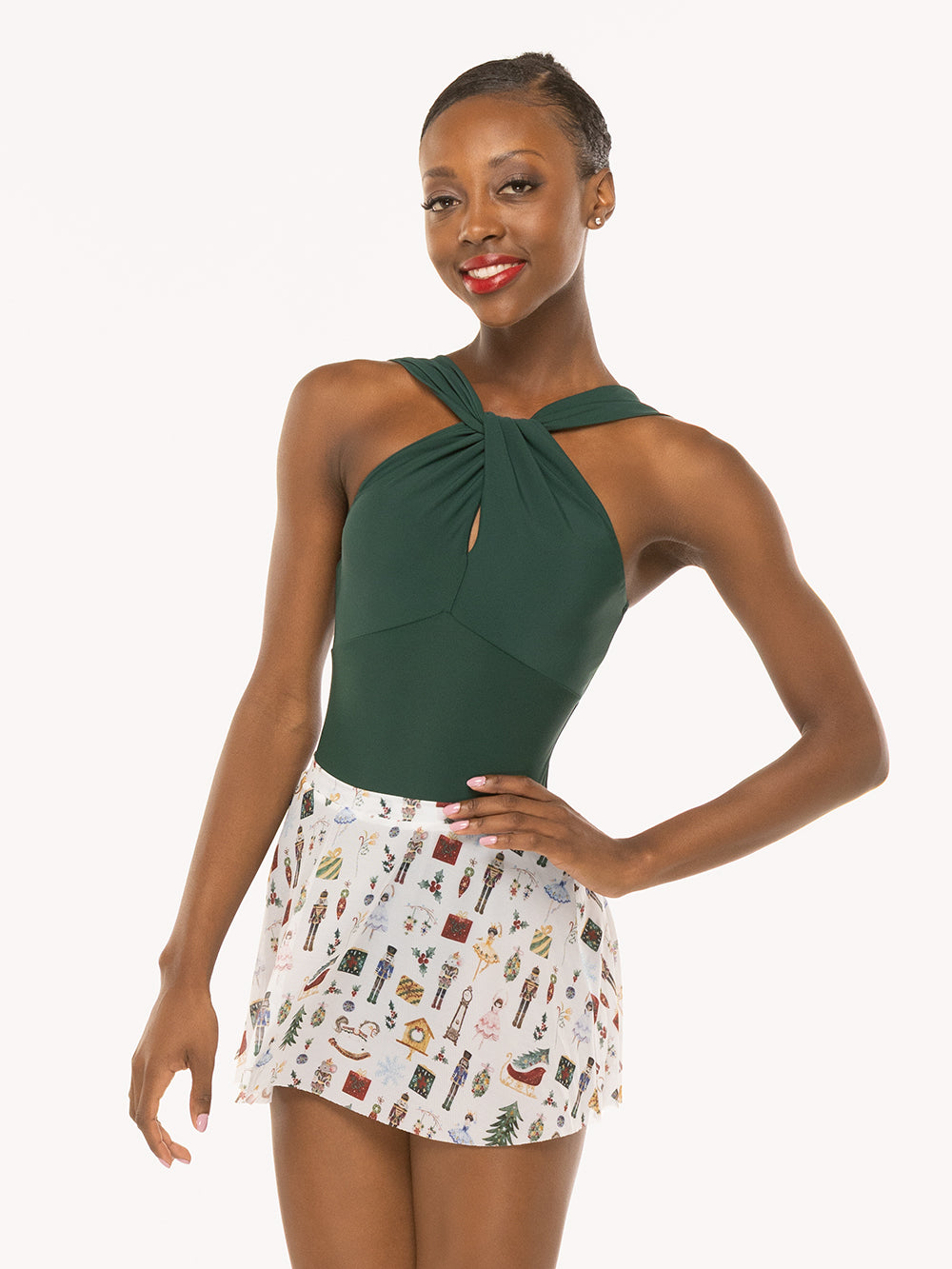 Eleve Dancewear Debra Leotard in Alpine color and Winni Skirt Kids in Nutcracker Fantasy print, detail front view