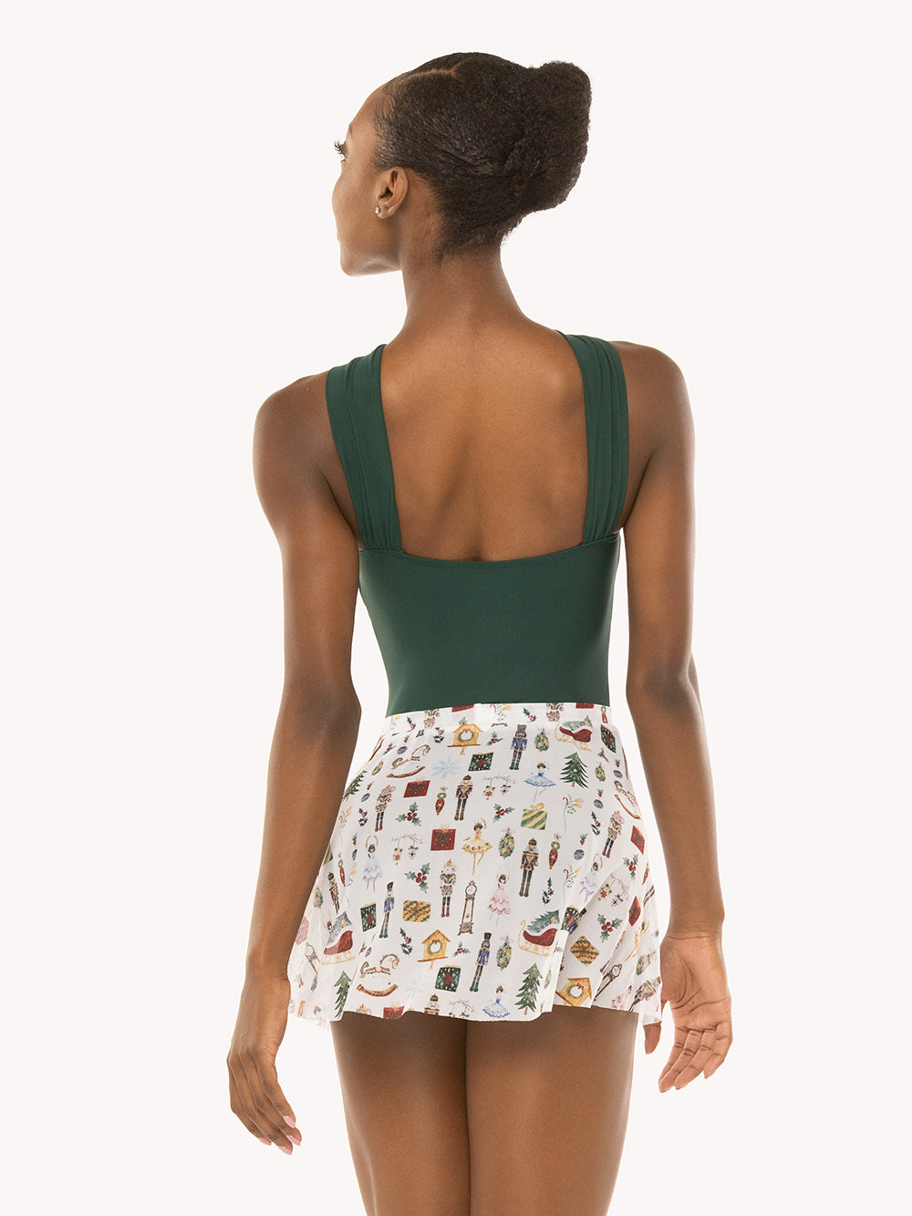 Eleve Dancewear Debra Leotard in Alpine color and Winni Skirt in Nutcracker Fantasy print, back detail view