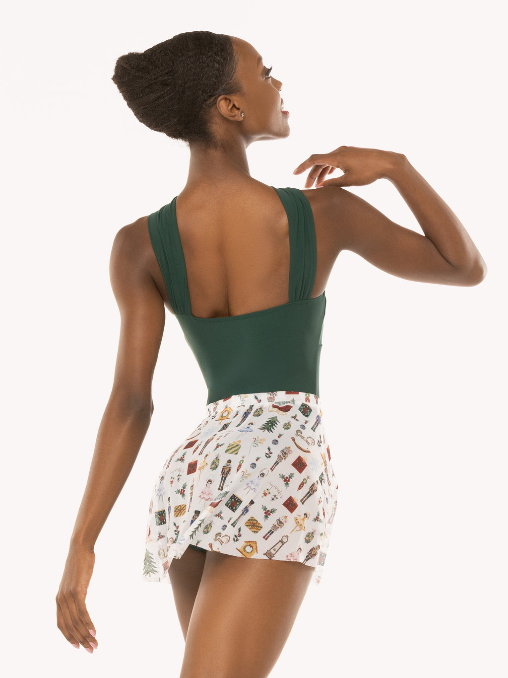 Eleve Dancewear Debra Leotard in Alpine color and Winni Skirt Kids in Nutcracker Fantasy print, back detail view