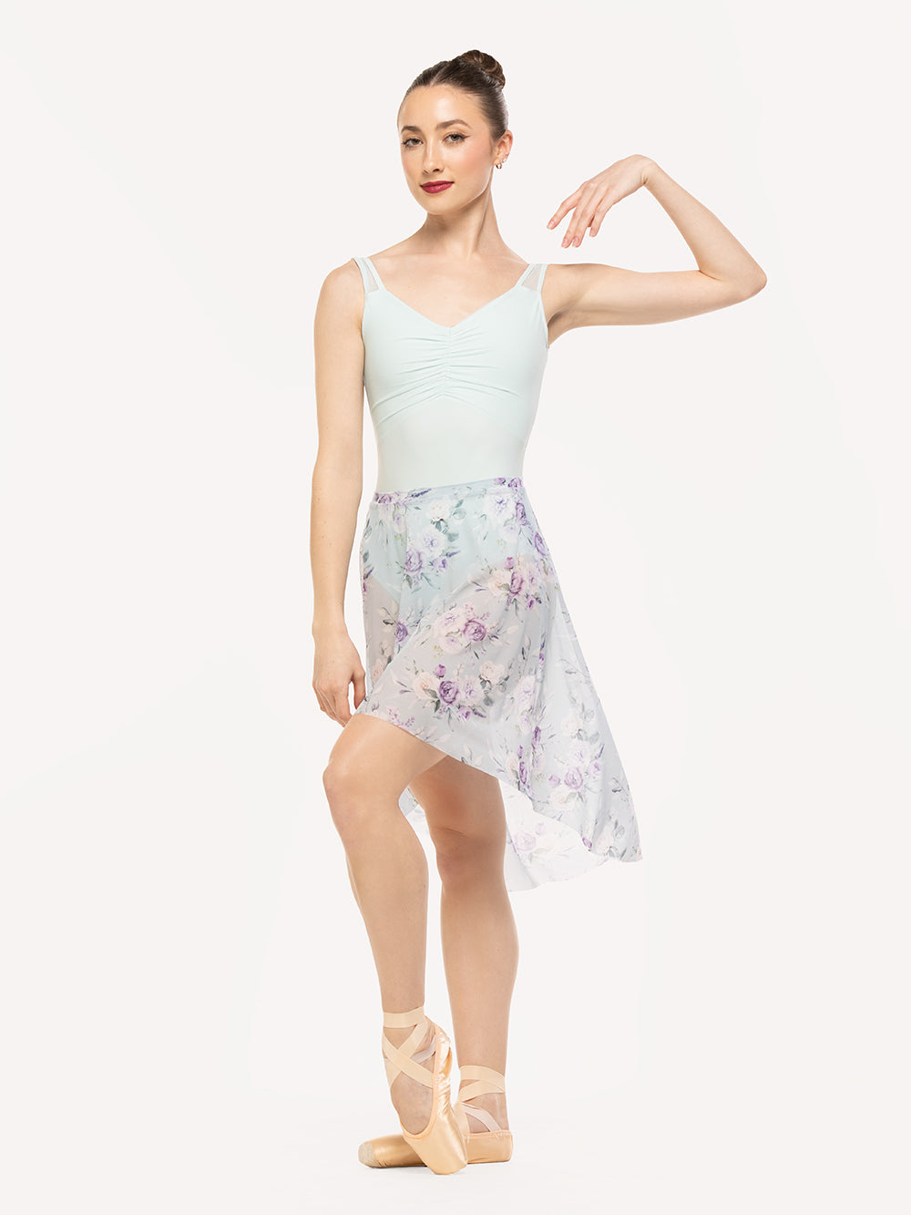 Eleve Dancewear Amora Long High-Low Skirt Kids in Moonlit Garden Baby Blue Mesh print color, front view of dancer posing